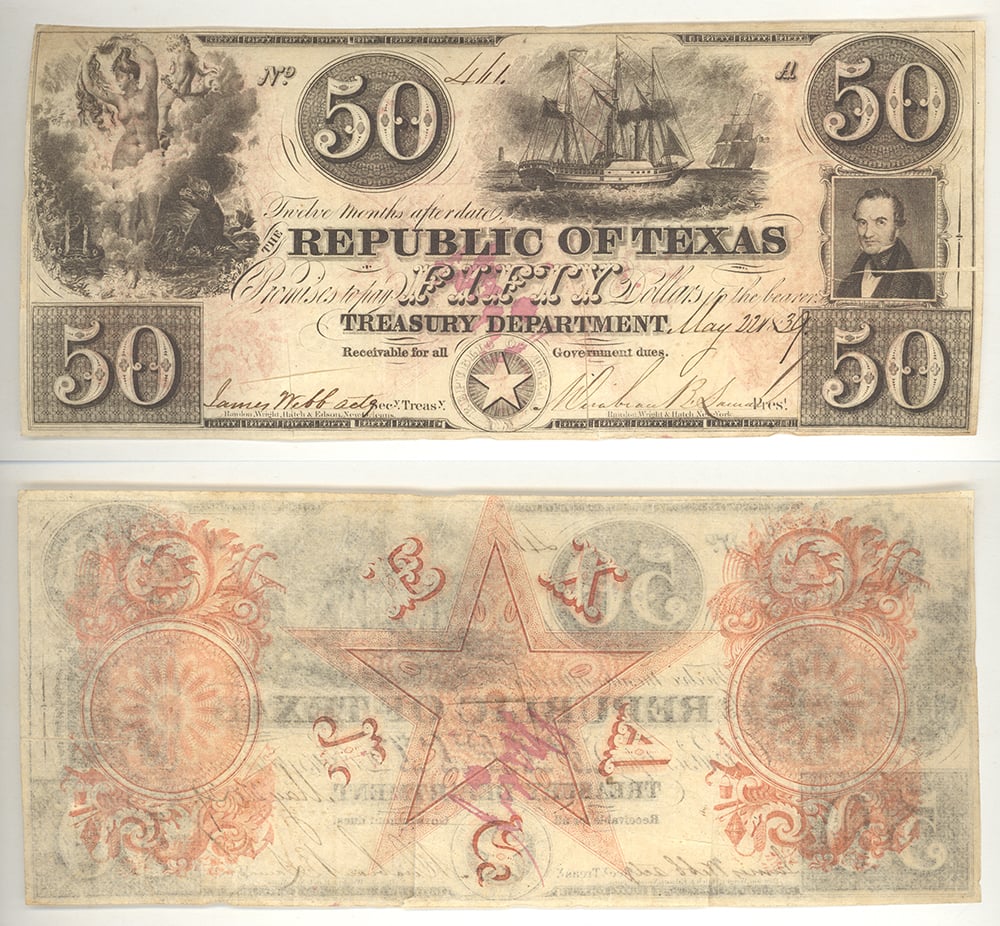 Front and back of a Republic of Texas fifty dollar redback note, dated May 1839, with the red star and ornamentation printed on the reverse.