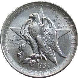 Obverse of a 1934 Texas Centennial half dollar, showing an eagle perched in front of a large five pointed star.