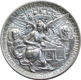 Reverse of the Texas Centennial half dollar, showing the winged figure of Victory flanked by Sam Houston and Stephen F. Austin above the words Remember the Alamo.